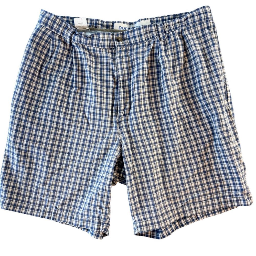 Vintage 90s Dockers Plaid Pleated Shorts Blue White‎ Gingham 36